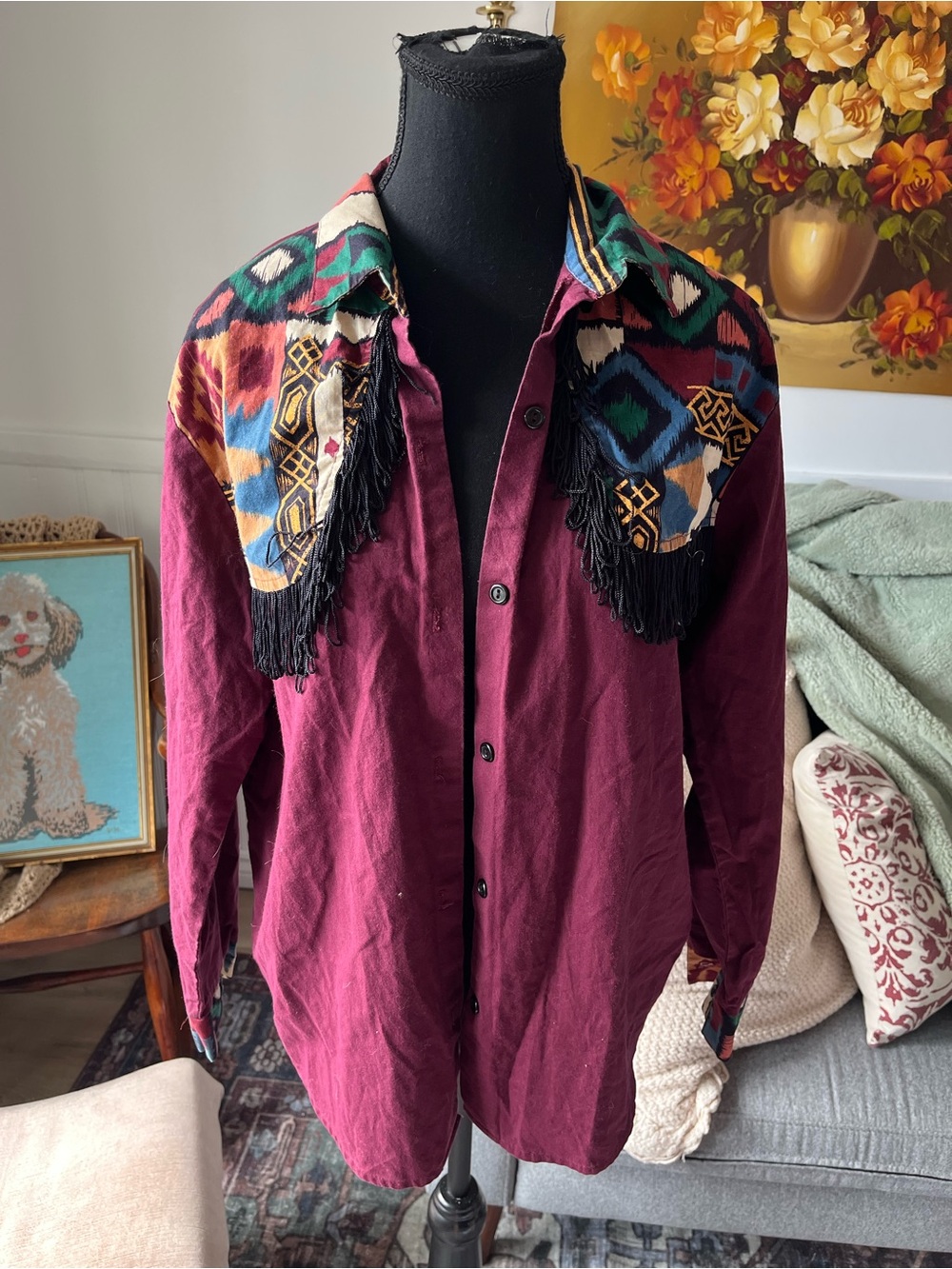 Women’s Vintage Burgundy Southwestern Fringe Button-Up Shirt M Made USA